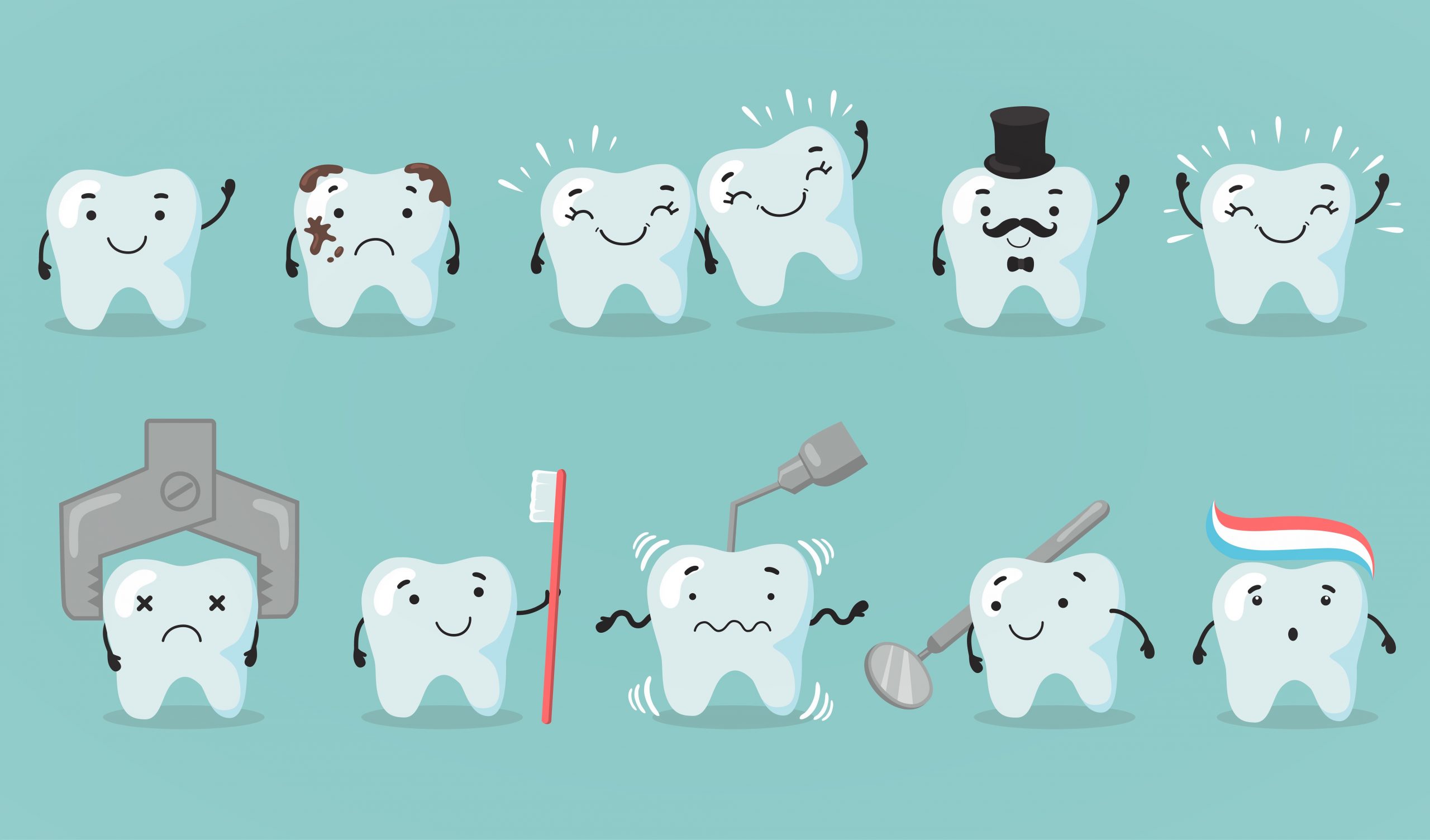 Teeth Care Set. Tooth Cartoon Character Suffering From Cavity. Sad Or Happy Shiny Teeth, Dentist Tools, Toothbrush, Dental Care. Flat Vector Illustration.