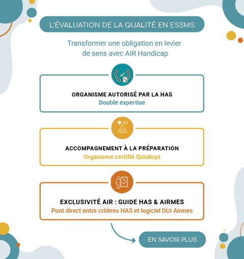 Infographie AIR Handicap présentant l'évaluation de la qualité en ESSMS. Elle détaille trois piliers : organisme autorisé par la HAS avec expertise numérique, accompagnement à la préparation certifié Qualiopi, et l'exclusivité du guide HAS lié au logiciel DUI Airmes.